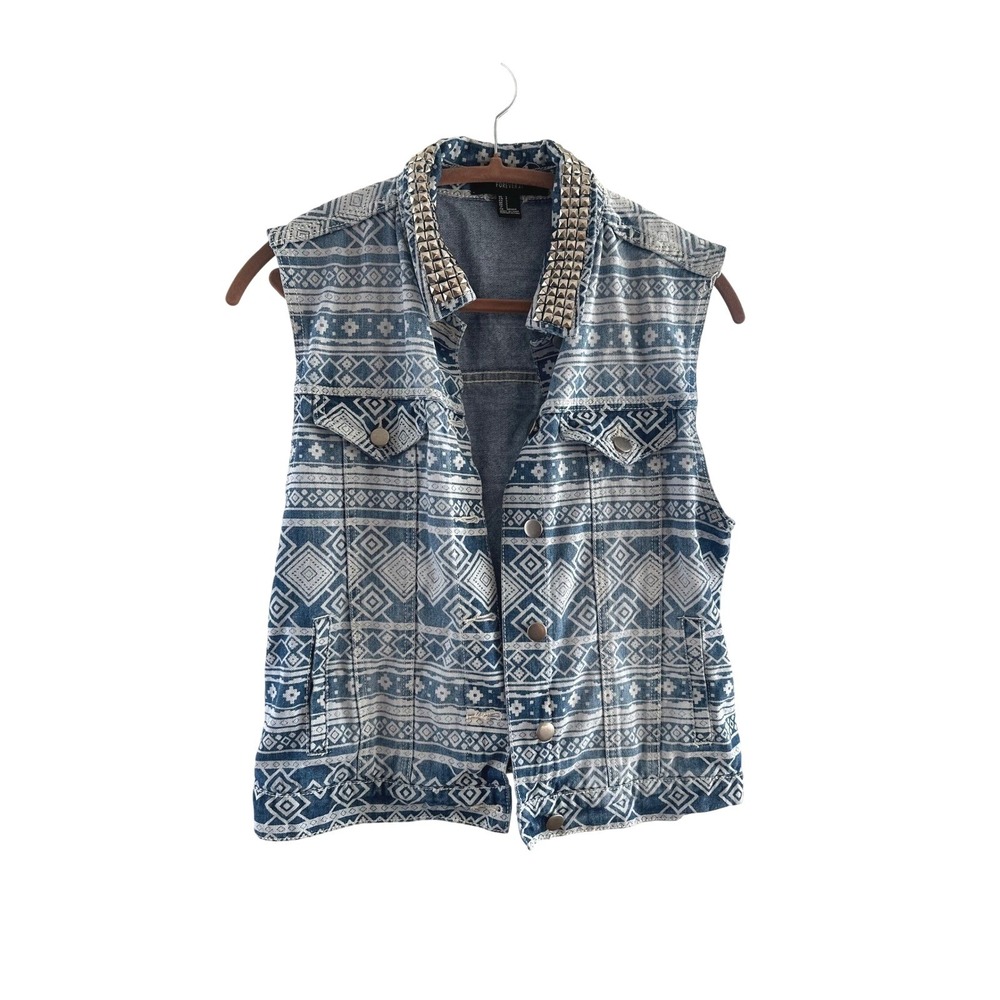 Forever 21 Studded Blue Geometric Tribal Print Denim VestSleeveless Jacket S
